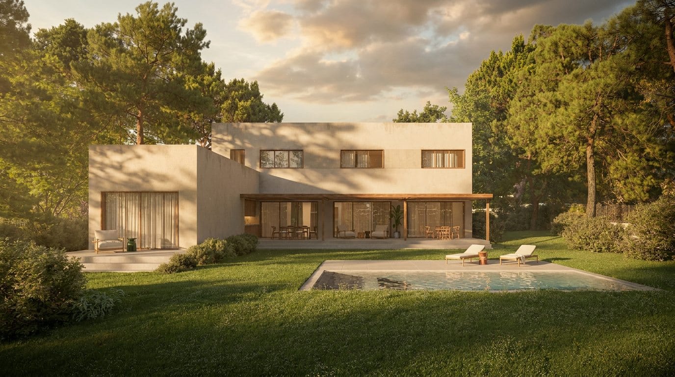 Family house in Begues — garden and pool in golden-hour light